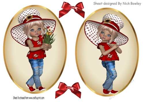 Two lovely card fronts of little girls in red hats and bows