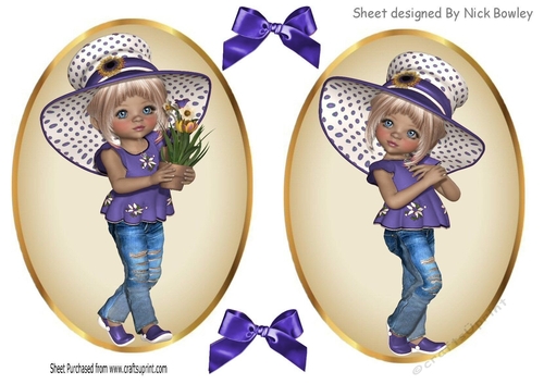 Two lovely card fronts of little girls in purple hats and bows