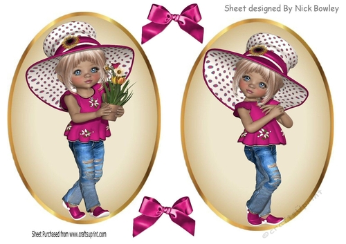 Two lovely card fronts of little girls in cerise pink hats and bows