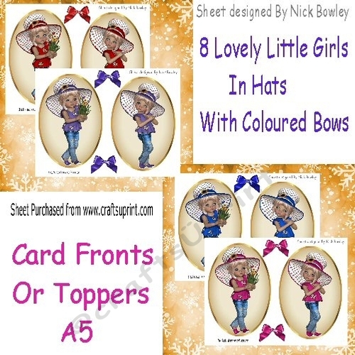 8 Lovely Girls in coloured hats card fronts/toppers red, purple, blue  & cerise  4 sheets set 1 kit
