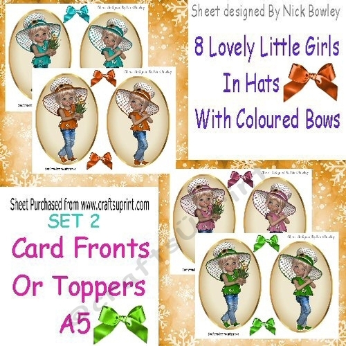 8 Lovely Girls in coloured hats card fronts/toppers  4 sheets Green, turq, orange, pink set 2 kit