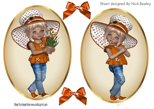 Two lovely card fronts of little girls in orange hats and bows