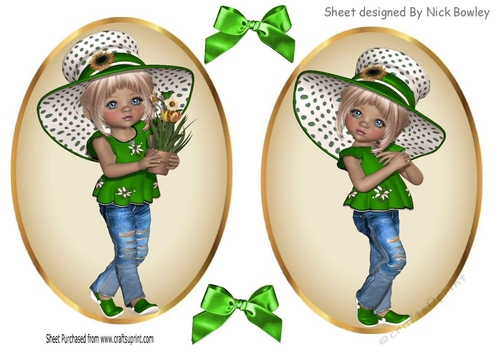 Two lovely card fronts of little girls in green hats and bows
