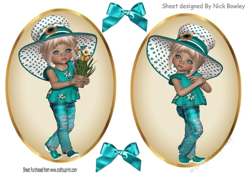Two lovely card fronts of little girls in turq hats and bows