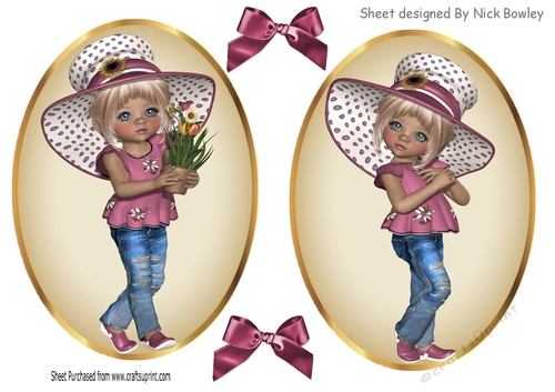 Two lovely card fronts of little girls in pink hats and bows