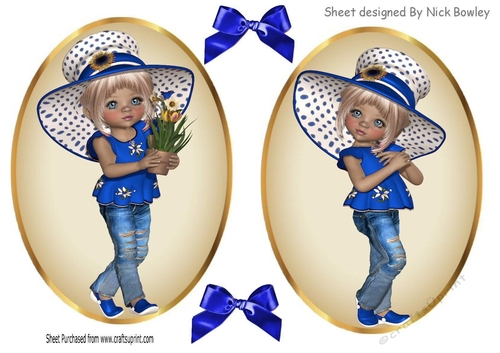 Two lovely card fronts of little girls in royal blue hats and bows 