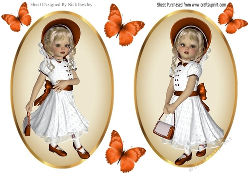 two Lovely Girls in orange with butterflies card fronts/toppers