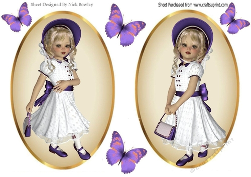 two Lovely Girls in purple with butterflies card fronts/toppers