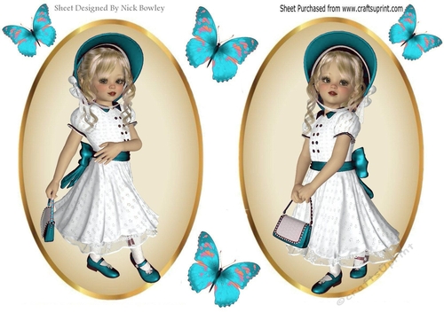 two Lovely Girls in turq with butterflies card fronts/toppers