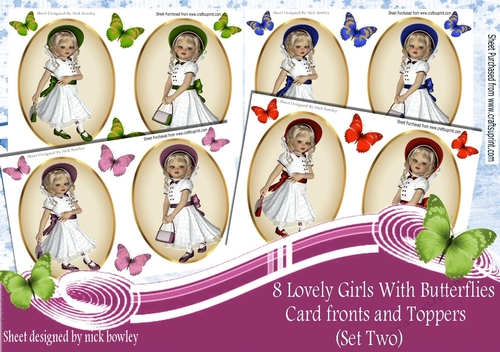 8 Lovely Girls with butterflies card fronts/toppers  4 sheets set (two) kit