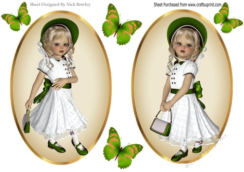 two Lovely Girls in green with butterflies card fronts/toppers