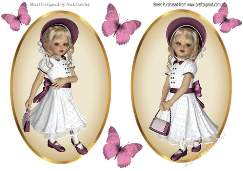 two Lovely girls in pink blush with butterflies card fronts/toppers