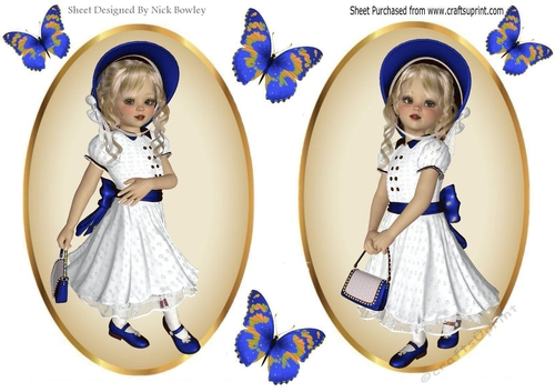 two Lovely girls in royal blue with butterflies card fronts/toppers