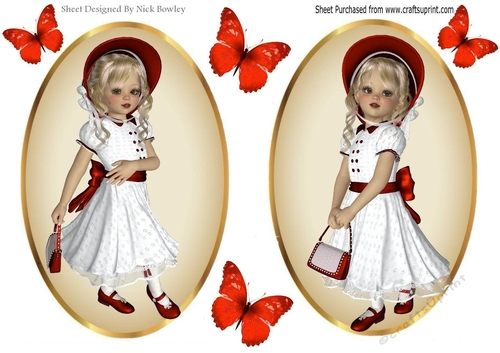 two Lovely Girls in red with butterflies card fronts/toppers