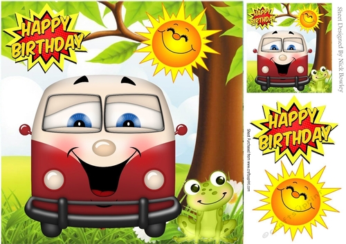 HAPPY CAMPERS! Toony faced campervan in red with frog 8x8