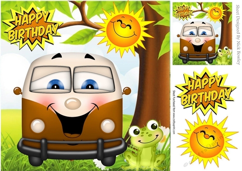 HAPPY CAMPERS! Toony faced campervan in brown with frog 8x8