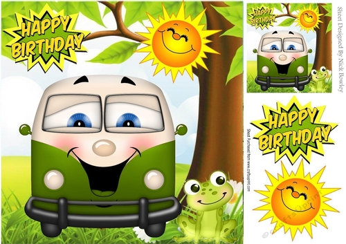 HAPPY CAMPERS! Toony faced campervan in green with frog 8x8