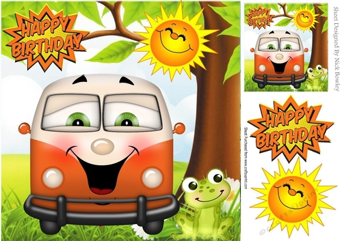 HAPPY CAMPERS! Toony faced campervan in orange with frog 8x8