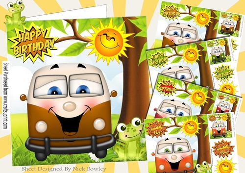 HAPPY CAMPERS! Toony faced campervans in colours card fronts 8x8 kit