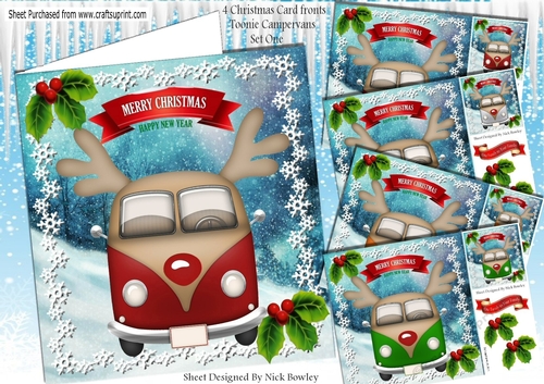  4 HAPPY CHRISTMAS! Toony faced campervans in colours card fronts 8x8 kit (One)