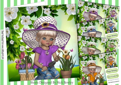 I love pretty flowers and gardening 8x8 Card fronts with little girls kit set one 