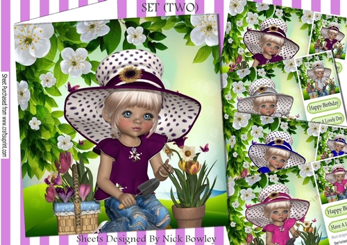 I love pretty flowers and gardening 8x8 Card fronts with little girls kit (set two)