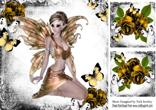 Gold Gothic Faerie with butterflies and gold roses, with toppers 8x8