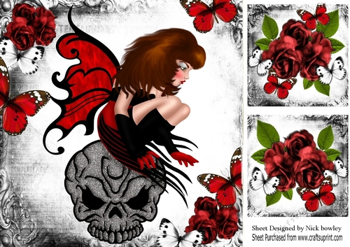 Red Gothic Faerie on skull with butterflies and red roses, with toppers 8x8