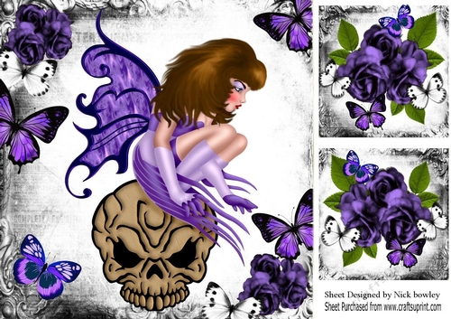 purple gothic Faerie on skull with butterflies and purple roses, with toppers 8x8