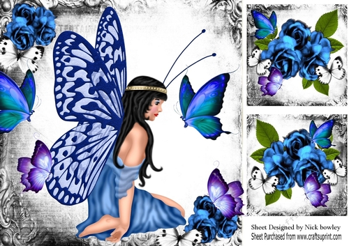 blue faerie  with butterflies and blue roses, with toppers 8x8