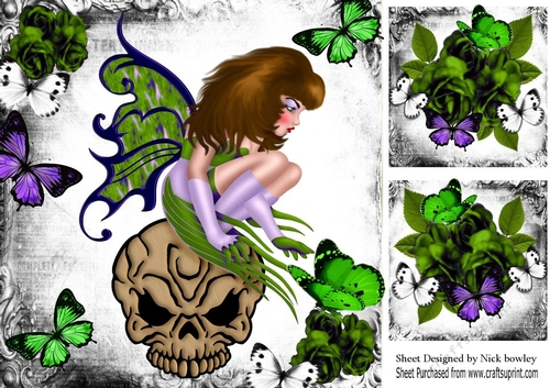 green gothic Faerie on skull with butterflies and green roses, with toppers 8x8