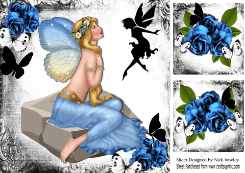  blue faerie sitting on a rock with silhouette butterflies and faerie 8x8