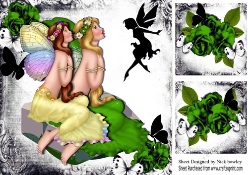 two pretty faeries in green & lemon sitting  with silouhette butterflies & faerie 8x8