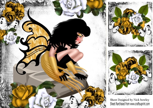 gold gothic faerie on a rock with butterflies and gold roses, with toppers 8x8