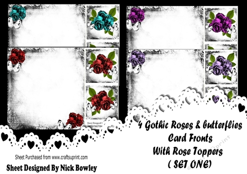 4 Lovely Gothic frames/card fronts with roses & toppers (set one)