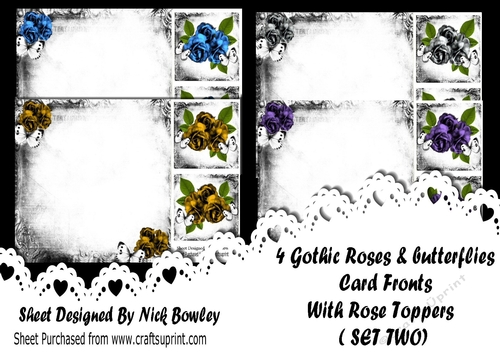 4 Lovely Gothic frames/card fronts with roses & toppers (set two)