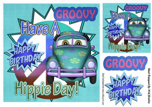 Those were the days!  toony hippy blue Car with flowers