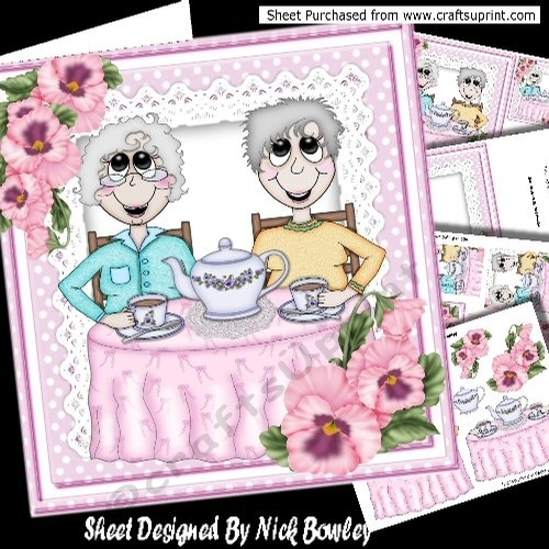 Best of friends enjoying a cuppa with  pink pansies 8x8 mini kit