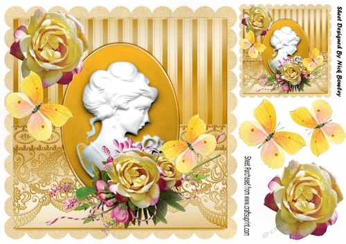 cameo lady with yellow flowers and butterflies 8x8