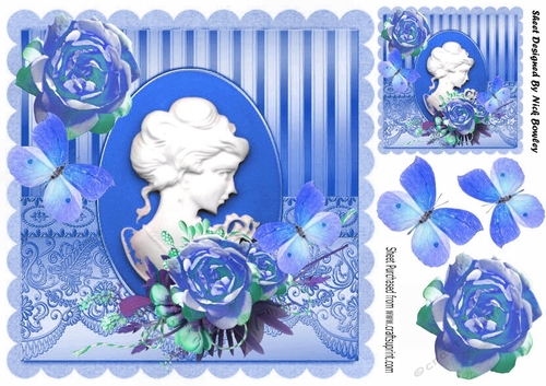 cameo lady with blue flowers and butterflies 8x8