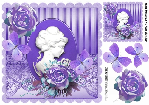 cameo lady with purple flowers and butterflies 8x8