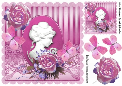 cameo lady with pink flowers and butterflies 8x8