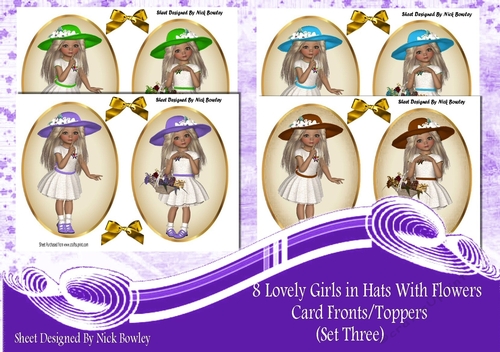 8 Lovely Girls in coloured hats with flowers card fronts/toppers  4 sheets set  (set 3)