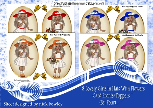 8 Lovely Girls in coloured hats with flowers card fronts/toppers  4 sheets (Set Four)