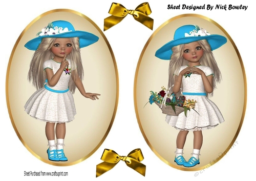 two Lovely Girls in turq hats with flowers card fronts/toppers