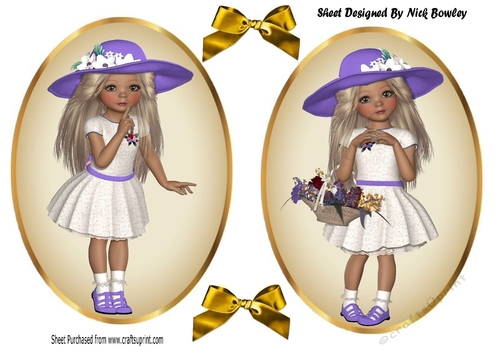 two Lovely Girls in purple hats with flowers card fronts/toppers