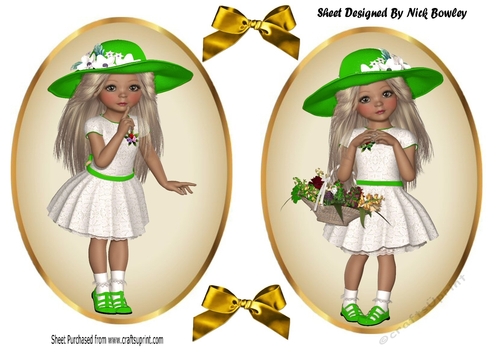two Lovely Girls in green hats with flowers card fronts/toppers