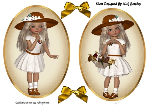 two Lovely Girls in brown hats with flowers card fronts/toppers