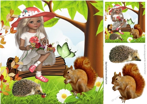 Dont you just love nature! girl sitting on a wooden log with animals 8x8