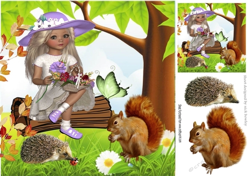 Dont you just love nature! girl sitting on a wooden log in purple hat with animals 8x8